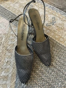 Yves Saint Laurent Heels Silver 9 Ankle Wrap Playa YSL Metallic Mesh Cage - Picture 1 of 9