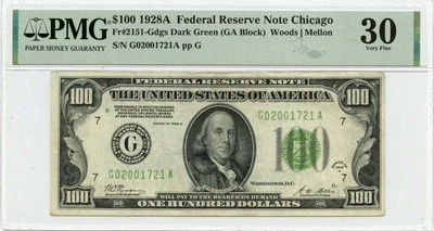 1928A $100 Federal Reserve Note Chicago Fr# 2151-Gdgs PMG CH VF30 - Image 1 of 2