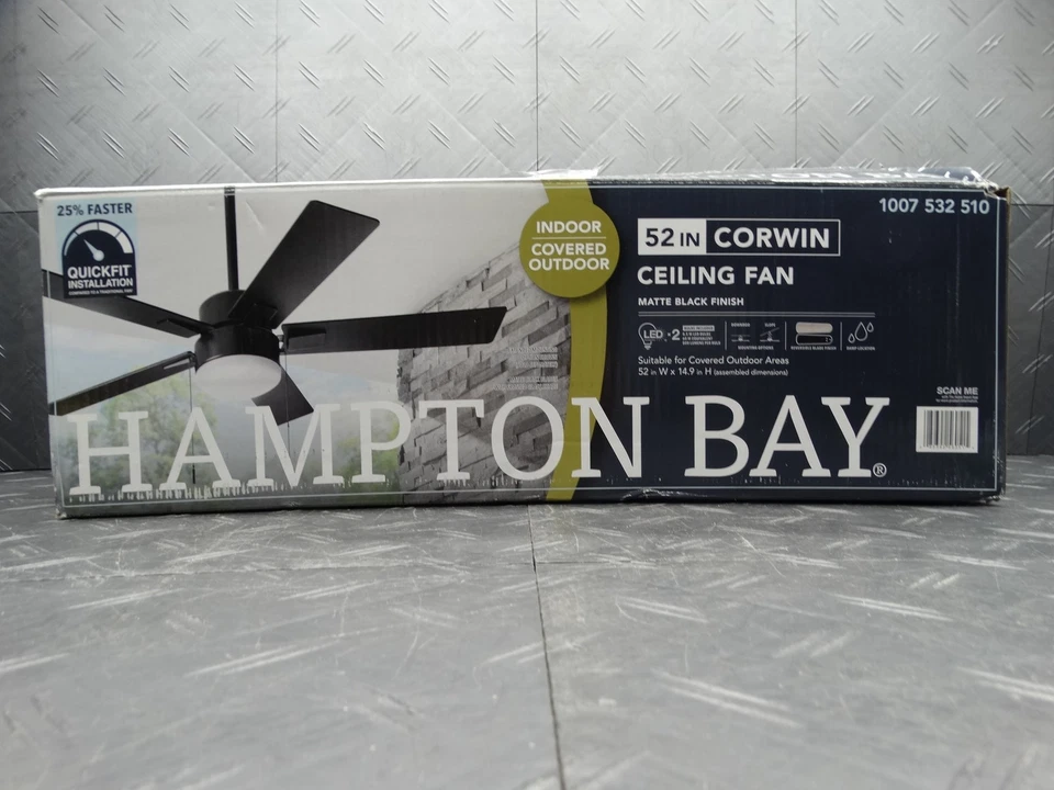 Hampton Bay 52in Corwin Indoor/Outdoor Matte Black LED Ceiling Fan w/ Light Kit - Image 1 of 4