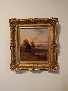 Oil on canvas Richard B David 1866 British figures by a river original gilt fram - Picture 1 of 8
