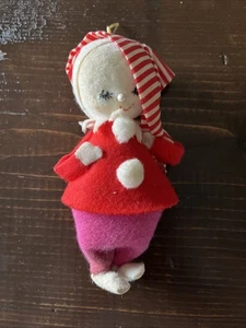 Vintage Christmas Flocked Felt Snow Elf Ornament Made in Japan Red - Picture 1 of 10