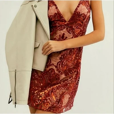 Free People Sequin Mini Dress Paisley Lace Wine Red Party Cocktail Size 6 NWT - Image 1 of 4