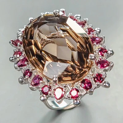 Anillo Artístico 40 quilates Anillo Cuarzo Ahumado Natural Plata de Ley 925 Talla 8.25/R445717 Foto 1 de 4