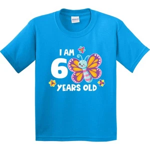 Inktastic I Am 6 Years Old Cute Smiling Butterfly With Flowers Youth T-Shirt Six - Picture 1 of 9