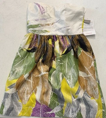 Vestido Hype 100 % seda estampado de hojas de palma sin tirantes forrado talla 8 Preppy dinero antiguo Y2K Foto 1 de 4