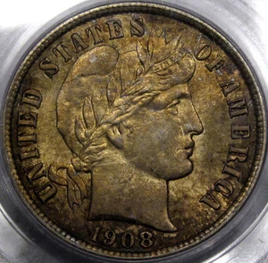 1908 Barber Head Dime PCGS MS-64 100% ORIGINAL with a RICH ANTIQUE GOLDEN TONING - Picture 1 of 3