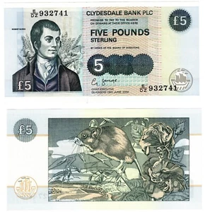 2002 Scotland 5 Pound P218d Banknote aUNC  Clydesdale Bank (corner imperfection) - Picture 1 of 1