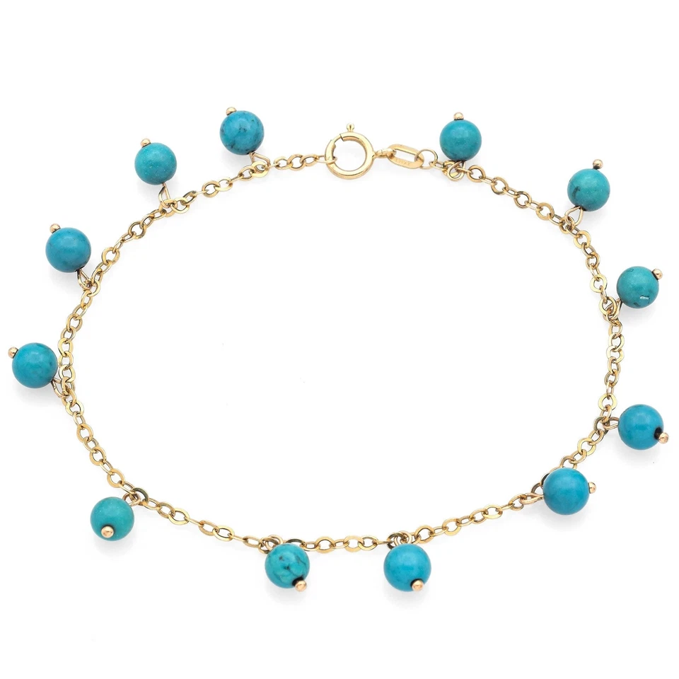 Vintage 14K Yellow Gold Turquoise Beaded Dangle Station Chain Bracelet - Image 1 of 4