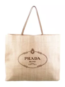 PRADA Logo Print Raffia Tote Bag Shoulder Tote Leather Natural Beige Size XL - Picture 1 of 23