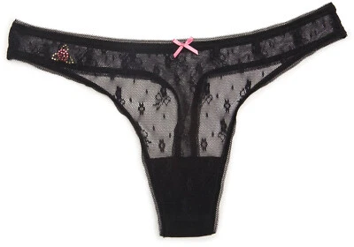 NWT BETSEY JOHNSON Black mesh lace thong panty M rhinestone rose - Image 1 of 4