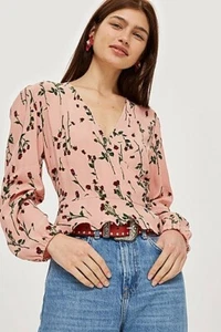 TOPSHOP PETITE Rose Bud Long Sleeve Wrap Top Size UK 4 EU 32 rrp £34 NH002 DD 05 - Picture 1 of 3