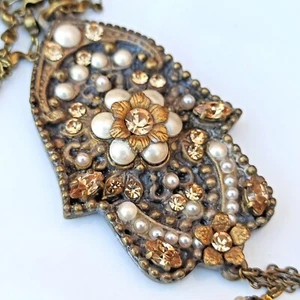 Michal Negrin Hamsa Pendant Necklace Long Large Pearls Swarovski & Crystals Gift - Picture 1 of 12