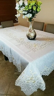 Beige 70" Square Gold Embroidery Organza Sheer Floral Tablecloth w/ Napkin - Image 1 of 4