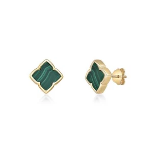 Malachite Clover Leaf Earrings in Gold Plated 925 Sterling Silver - Picture 1 of 11