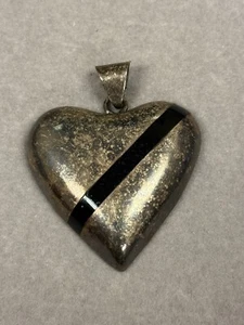 Vintage Heart Black Obsidian Stripe Sterling-Silver Pendant Necklace 2780 - Picture 1 of 2