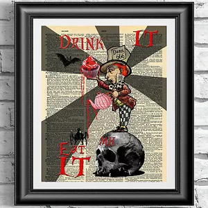 ART PRINT ON ORIGINAL ANTIQUE BOOK PAGE DICTIONARY Gothic Mad Hatter WONDERLAND - Picture 1 of 3