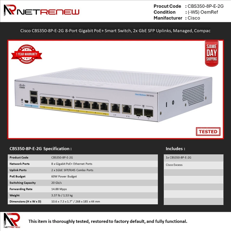 Cisco CBS350-8P-E-2G 8-Port Gigabit PoE+ Smart Switch, 2x GbE SFP Uplinks, Manag - Image 1 of 1