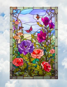 Pretty Flowers Faux Stained-Glass WINDOW CLING Size 10.6" Repositionable Vinyl - Picture 1 of 2