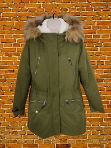 MANGO GREEN COAT SMALL WOMENS HOODED FAUX FUR LINED KHAKI PARKA JACKET WINTER - Picture 1 of 6