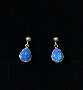 Sterling Silver  Filigree openwork Blue Fire Opal Pear drop Droplet Earrings - Picture 1 of 3