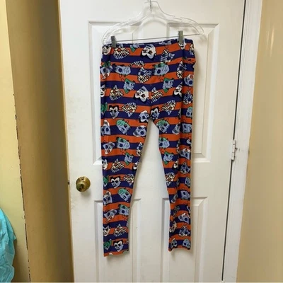 LuLaRoe Cat Print Leggings - Orange and Blue - Image 1 of 4