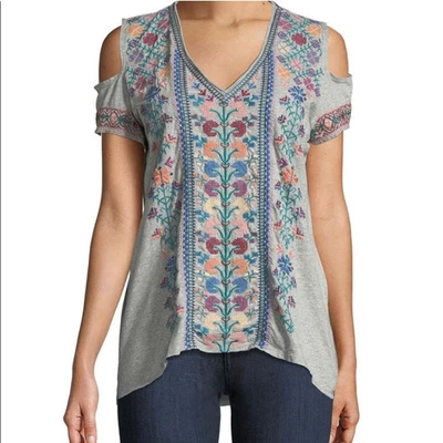 Johnny Was Clover Cold Shoulder Gray T-Shirt Embroidered Top Small - Image 1 of 4