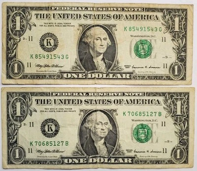 Two Vintage Series 1999 $1 One Dollar Bills, Old Bills - Image 1 of 2