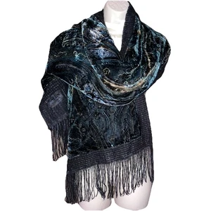 Italian Nordstroms Black Blue Velvet Fringes Mohair Wool Paisley Scarf Shawl - Picture 1 of 16