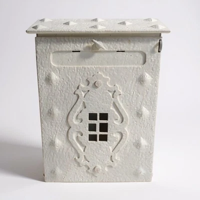 Vintage White Heavy Metal Wall Mailbox with Scroll Mount & Window Detail - Image 1 of 4