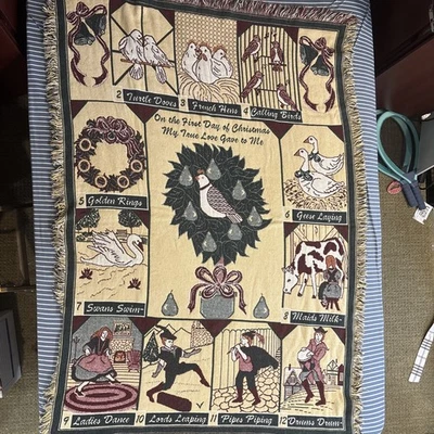 12 Days of Christmas Tapestry Blanket Throw Decor 66x47" Woven Vtg - Image 1 of 4