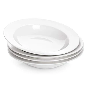 Soup and Pasta Bowls Set of 4, White Porcelain Wide Rim Salad Plates, 20 Ounc... - Picture 1 of 9