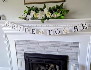 "Bride To Be" Wood 4" x 4" Tile Banner With Floral Accent Tiles On twine String - Picture 1 of 10