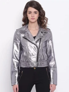 ONLY Women BikerJacket Silver Faux Leather EU Size 38 - Picture 1 of 19