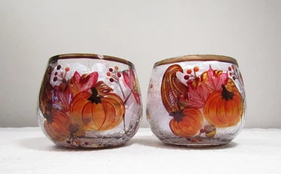 2 velas votivas de vidrio agrietado PartyLite soporte de luz de té calabazas Acción de Gracias Foto 1 de 3