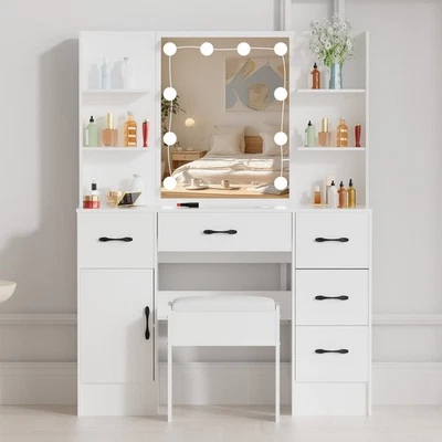 Makeup Vanity Table Stool Set with 10 Lights Mirror Dressing Desk Gifts Girls - Image 1 of 4