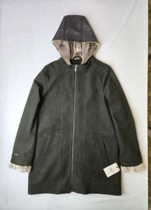 GH Bass Green Wool Faux Fur Leather Zip Coat Jacket Womens Medium M NEW NWT $259 - Picture 1 of 9