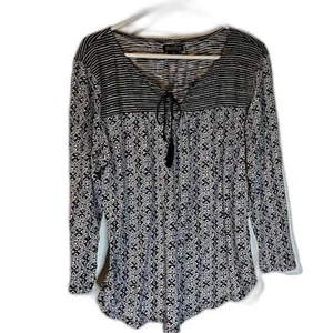 Lucky Brand Bohochic Casual Blue Print/Stripe Long Sleeve Peasnt Top XL*Flaw - Picture 1 of 6