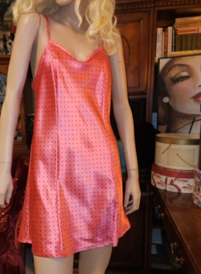 Apt 9 Intimates Shiny Pink Satin w/Black Dots Chemise Slip Nighgtown S/M - Image 1 of 4