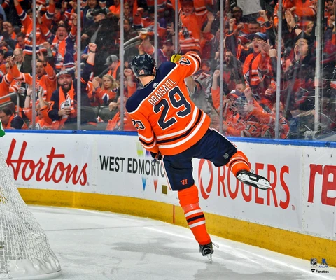 Leon Draisaitl Edmonton Oilers Orange Jersey Goal Celebration 20" x 24" Photo Cover