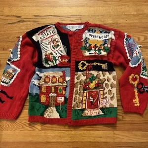 Cardigan vintage The Eagle’s Eye lavorato a mano anni 90 94 maglione patchwork immobiliare Natale - Foto 1 di 15