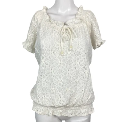 Ultra Pink Shirt Women Sz L Gypsy Blouse White Floral Eyelet Lace Cotton Peasant - Image 1 of 4