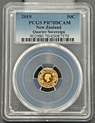 Золотая монета номиналом 50 центов 2019 с изображением новозеландского суверена PCGS PR-70 с глубокой камеей - Изображение 1 из 4