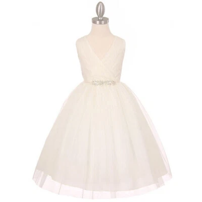Marfil Talla 4 Cuello en V Cristal Tul Flor Niña Vestido Cumpleaños Dama de honor Formal Foto 1 de 3