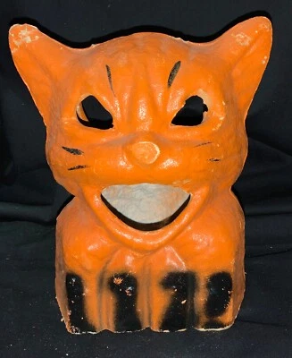 VINTAGE! HALLOWEEN PAPER MACHE LANTERN - ORANGE CAT ON PICKET FENCE! - Image 1 of 4