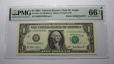 $1 2001 Radar Serial Number Federal Reserve Currency Bank Note Bill PMG UNC66EPQ - Image 1 of 3
