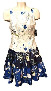 New Tags JULIAN TAYLOR Fit & Flare Sun Dress Sz 8 Blue Ivory Flowers Lined NWT - Picture 1 of 6
