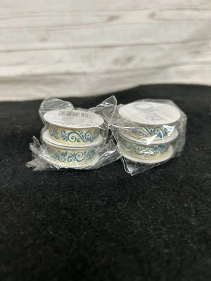 Lot of 2 Offray Aqua Scroll 3/8in Ribbon 24 Total Feet Off white beige w/teal - Image 1 of 4