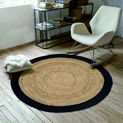 Rug Carpet Natural Jute Braided Handamde Round Mat Reversible Black Bodred Mat - Image 1 of 4