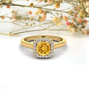 6mm Round Citrine & Diamond Halo Anniversary Ring in 14k Solid Gold Fine Jewelry - Picture 1 of 23