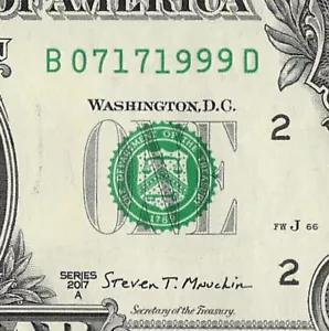 JULY 17 1999 Birthday Fancy Serial Number Date Note One Dollar Bill 07 17 1999 - Picture 1 of 11